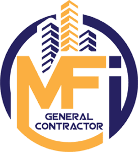 MFIGeneralContractor-02 Logo of MFi General Contractor featuring stylized yellow and blue letters with building silhouettes in the background.